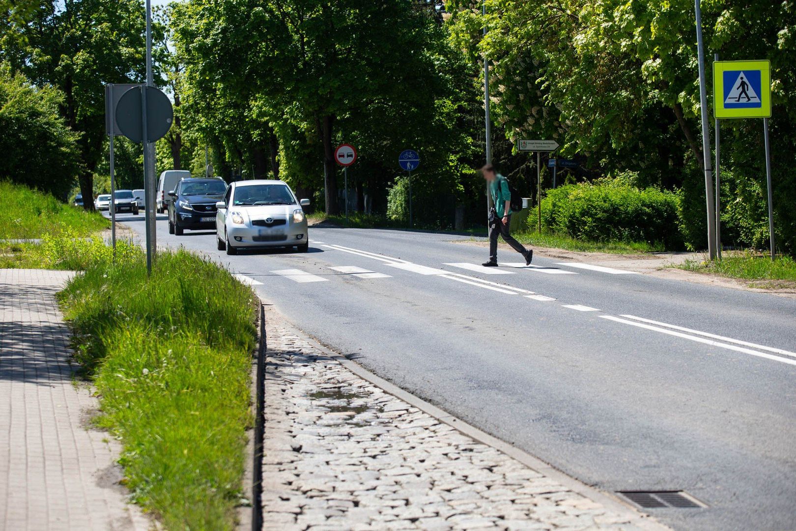 Przejście dla pieszych u zbiegu ulic Kaszubskiej, Owocowej i Drzymały.