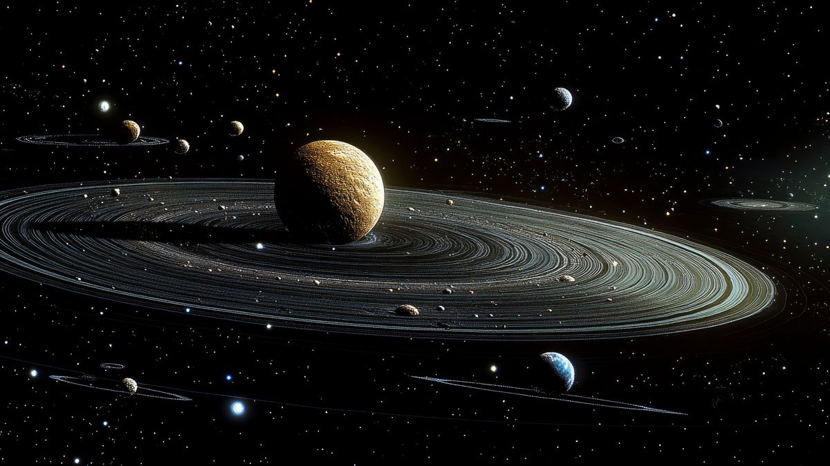 Układ planetarny z rozległym systemem pierścieni w głębokim kosm