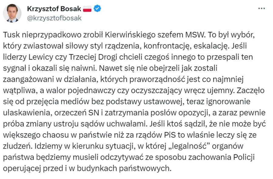 Krzysztof Bosak komentuje zatrzymanie byłych posłów