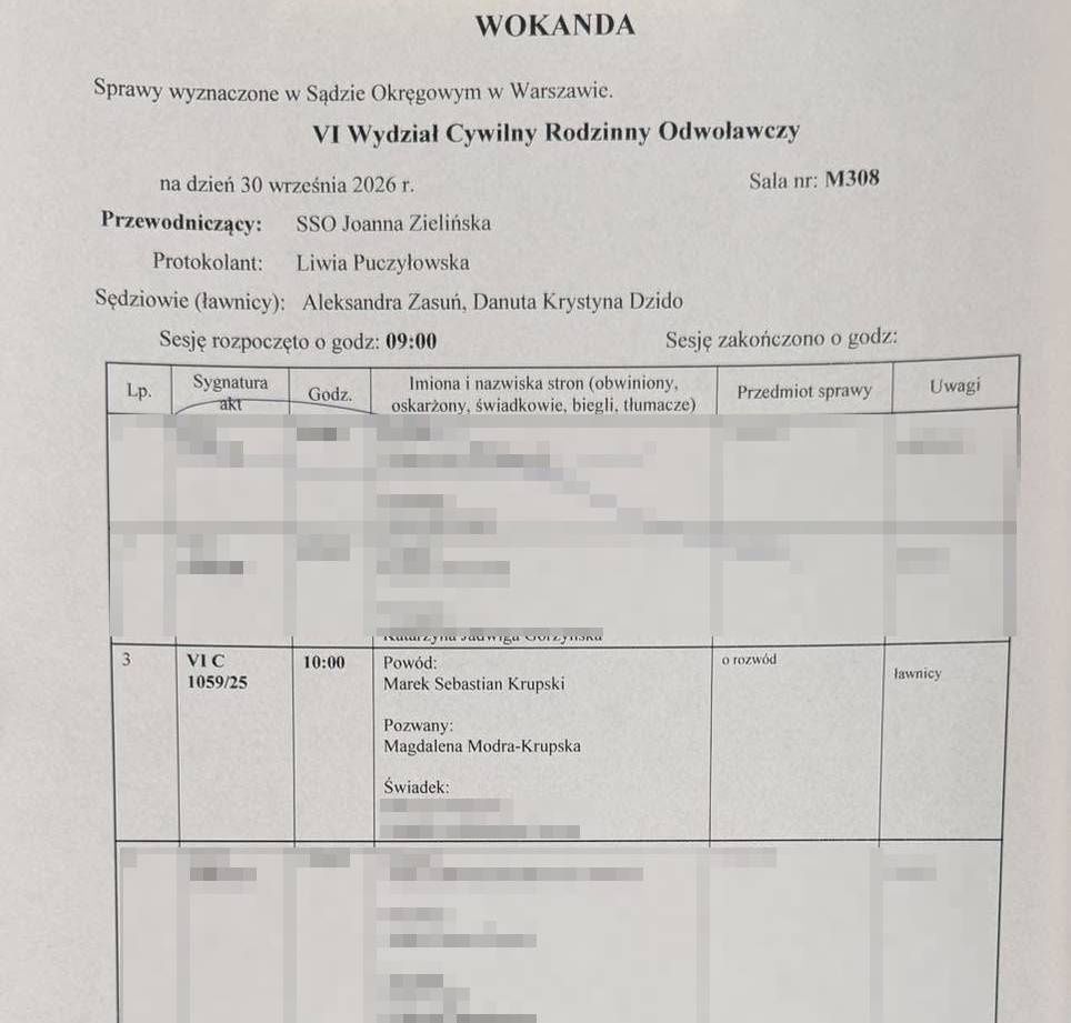 Rozprawa rozwodowa Magdy Modrej i Marka Krupskiego