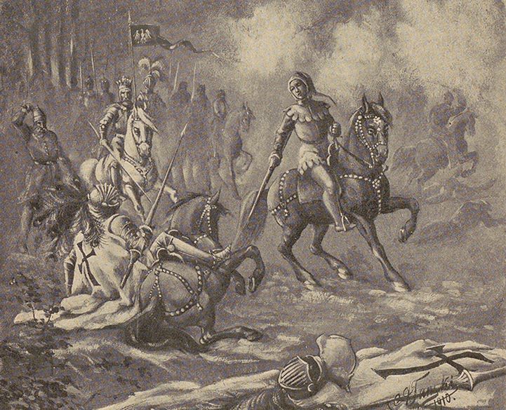 Śmierć wielkiego mistrza Ulricha von Jungingen na polu bitwy pod Grunwaldem. Ilustracja z albumu Antoniego Tańskiego, także z roku 1910