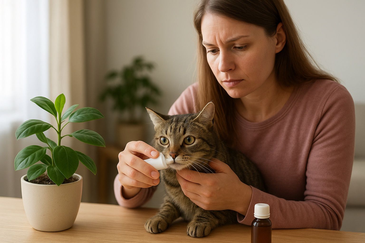 Zmartwiony kot i pies przy przewróconej doniczce z rośliną – bezpieczeństwo zwierząt i roślin w domu – ilustracja artykułu