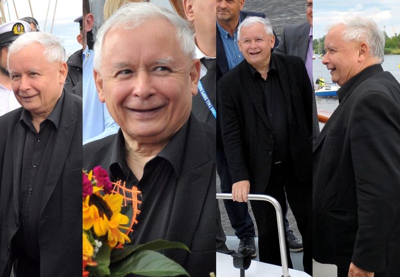Uśmiechnięty Jarosław Kaczyński podziwia flotę