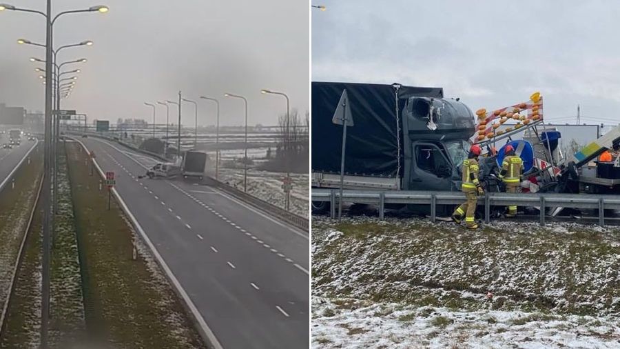 Kierowca dostawczego Renault wjechał w samochody służby drogowej