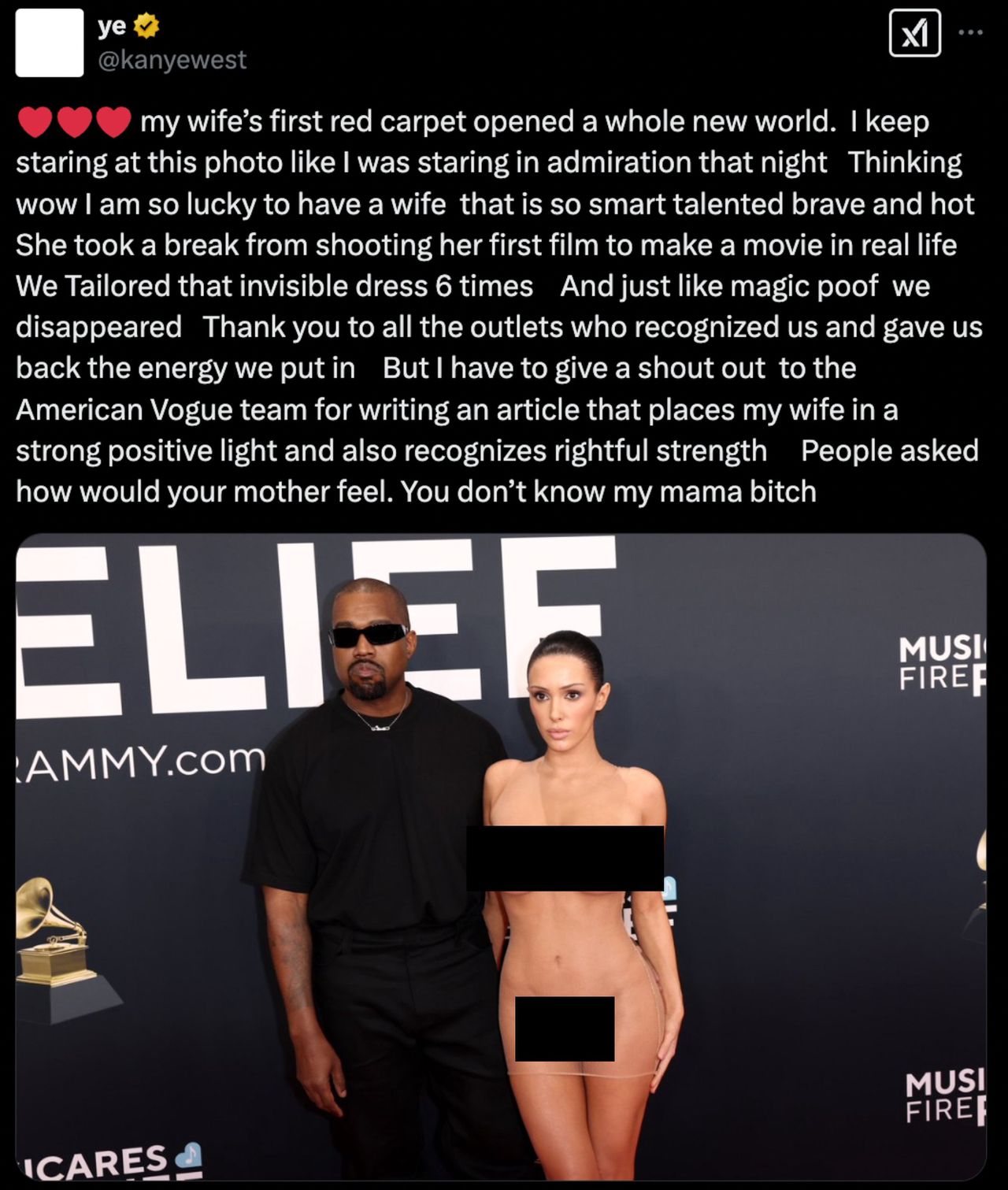 Kanye West zachwala żonę w poście na platformie X