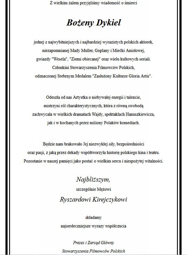 Nekrolog Bożeny Dykiel