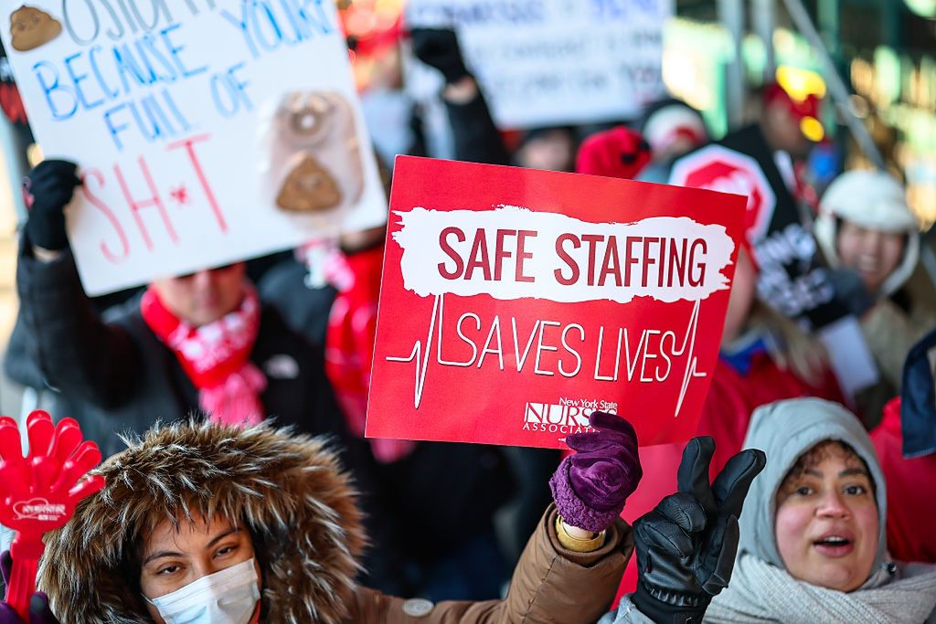 15,000 Nurses From Large Hospitals Go On Strike In New York CityNEW YORK, NEW YORK - JANUARY 12: Nurses from New York-Presbyterian/Columbia University Irving Medical Center strike outside the hospital on January 12, 2026 in New York City. Nearly 15,000 nurses from New York-Presbyterian/Columbia, Montefiore Medical Center and the main campus of Mount Sinai Hospital, NYC's biggest hospitals, have gone on strike. The union representing the nurses says they are demanding higher wages, more security at hospitals to reduce violent episodes and shootings, and a commitment to ensuring minimum staffing ratios. (Photo by Michael M. Santiago/Getty Images)Michael M. Santiago