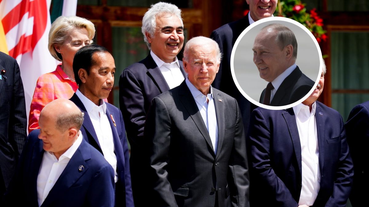 Liderzy państw G7 m.in. Ursula von der Leyen, Olaf Scholz, Joe Biden. W okienku twarz Władimira Putina