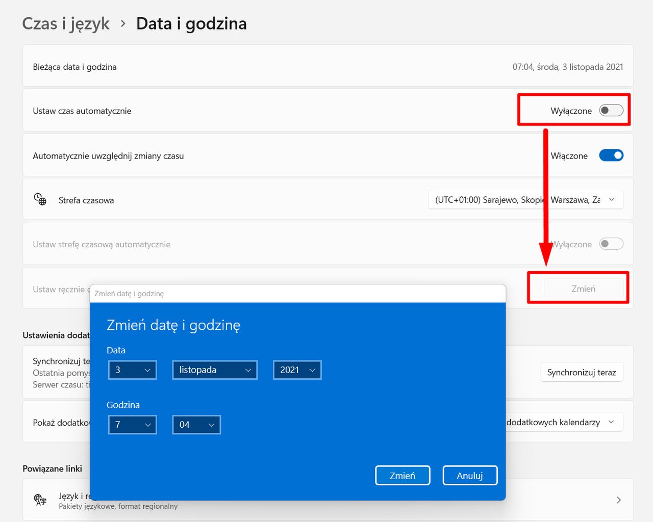 Zmiana daty w Windows 11