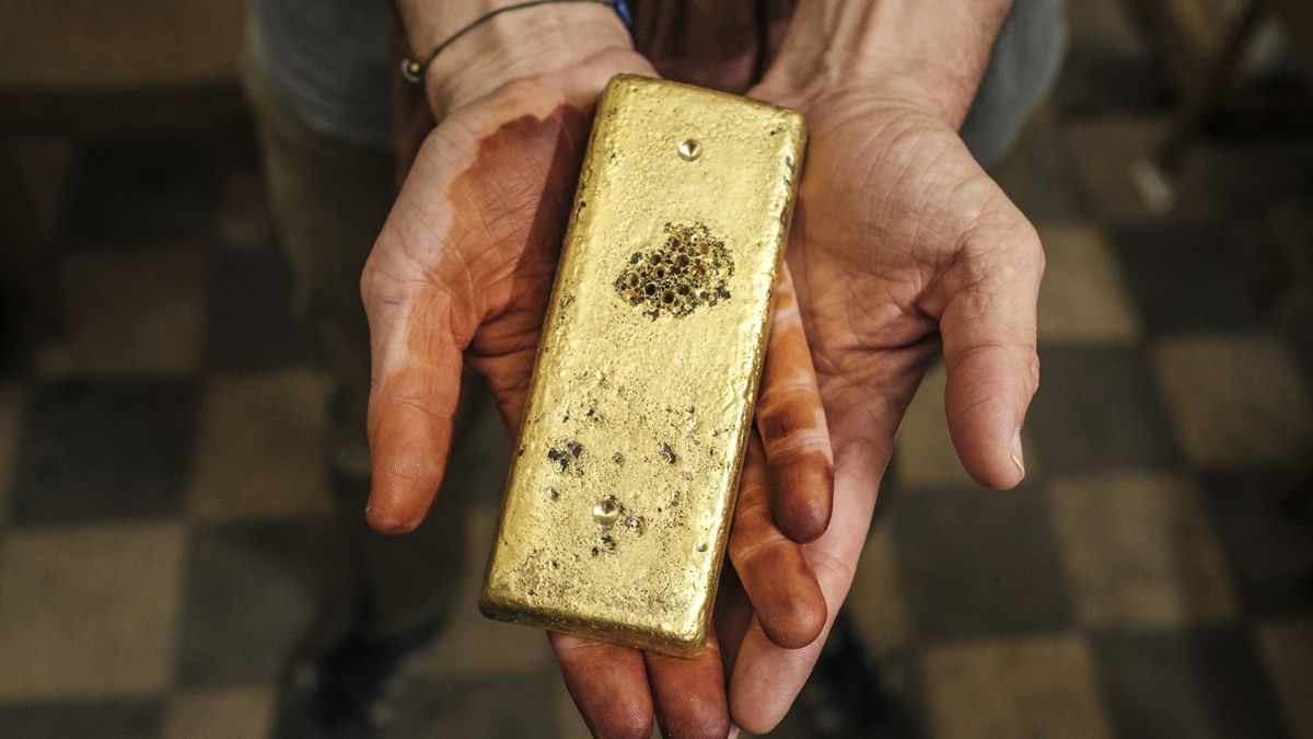 A gold bar displayed at a gold laboratory in Port Sudan, Sudan, on Wednesday, Oct. 30, 2024. The gold sector has helped fund millions of dollars worth of weapons, fuel and drones flowing through Port Sudan that have given the country's army the upper hand in the world's deadliest war. Photographer: Eduardo Soteras/Bloomberg via Getty Images