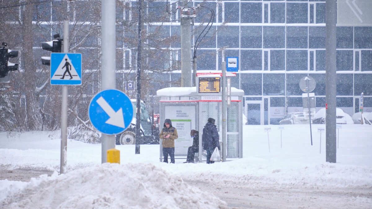 Ludzie na przystanku w czasie opadów śniegu