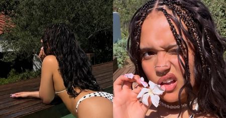 18-letnia Sara James w bikini w kropki uskutecznia relaks nad basenem (ZDJĘCIA)