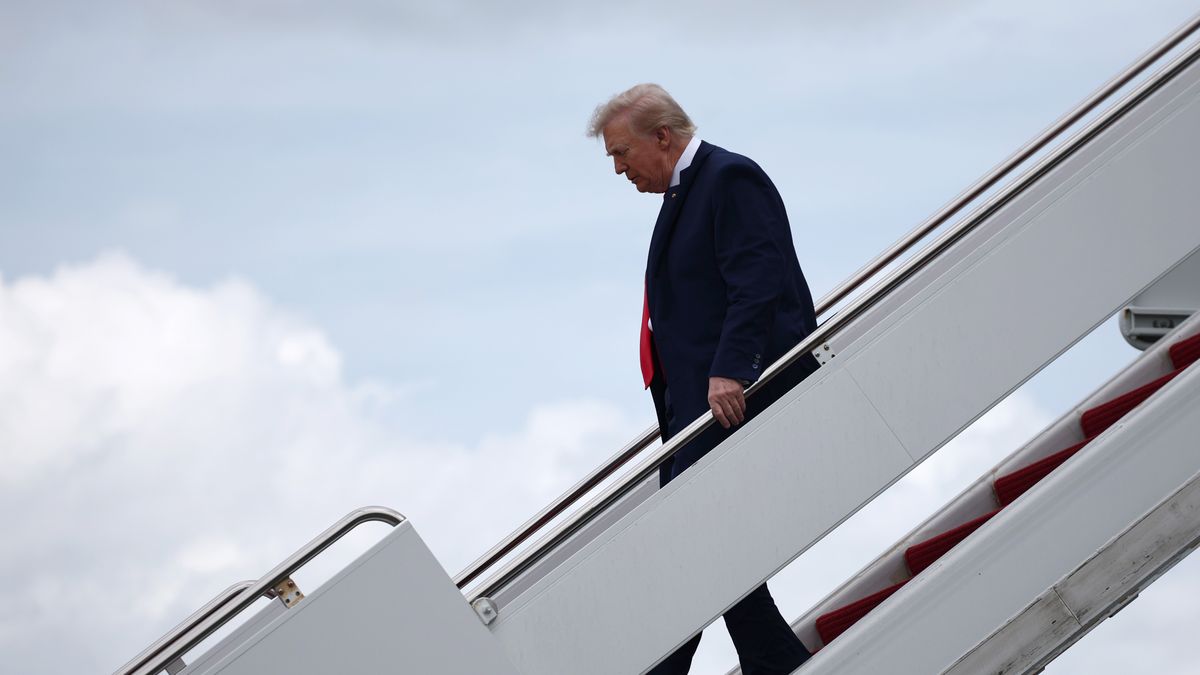 DAYTONA BEACH, FLORIDA - FEBRUARY 16: U.S. President Donald Trump exits Air Force One for the NASCAR Cup Series Daytona 500 at Daytona International Speedway on February 16, 2025 in Daytona Beach, Florida. (Photo by Chris Graythen/Getty Images)
