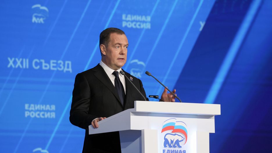 Dmitry Medvedev, deputy head of Russia's Security Council and chairman of the United Russia political party, speaks during the 22nd congress of the United Russia party in Moscow, Russia, 14 December 2024. EPA/EKATERINA SHTUKINA / SPUTNIK / KREMLIN POOL Dostawca: PAP/EPA.