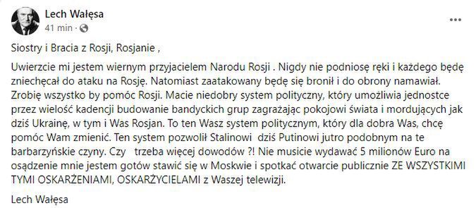 Lech Wałęsa odpowiedział rosyjskiej tv