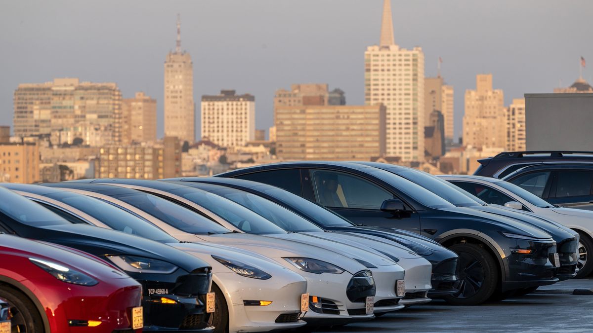 Tesla Inc. electric vehicles (EV) in San Francisco, California, US, on Friday, Jan. 23, 2026. Tesla Inc. is scheduled to release earnings figures on January 28. Photographer: David Paul Morris/Bloomberg via Getty Images