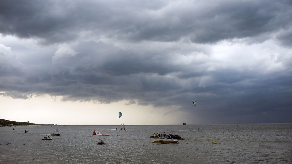 JURATA, POLAND - 2024/07/10: A storm seen approaching to the bay in Jurata. Hel Peninsula is a 35 km long sand bar peninsula in northern Poland separating the Bay of Puck from the open Baltic Sea. It is located in Puck County of the Pomeranian voivodeship. It is one of the most favorite touristic destination in Poland during summer. (Photo by Attila Husejnow/SOPA Images/LightRocket via Getty Images)