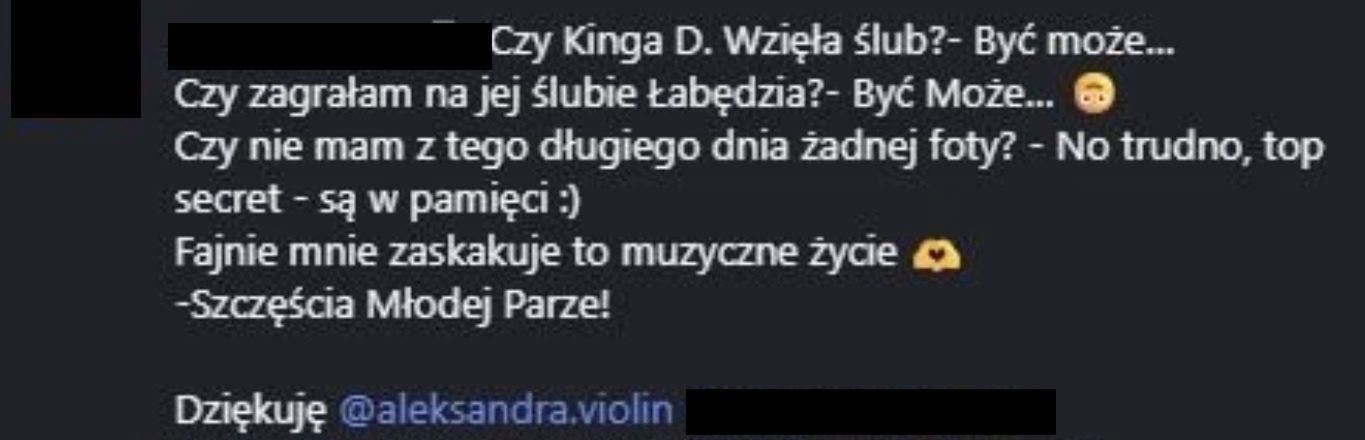 Wpis wiolonczelistki z zespołu Aleksandry Markowicz