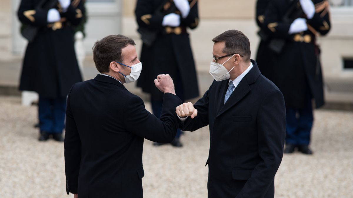 The President of the French Republic Emmanuel Macron welcomes the President of the Polish Council of Ministers Mateusz Morawiecki to the Elysee Palace to prepare the next European Council, in Paris, on March 17, 2021. (Photo by Andrea Savorani Neri/NurPhoto via Getty Images)