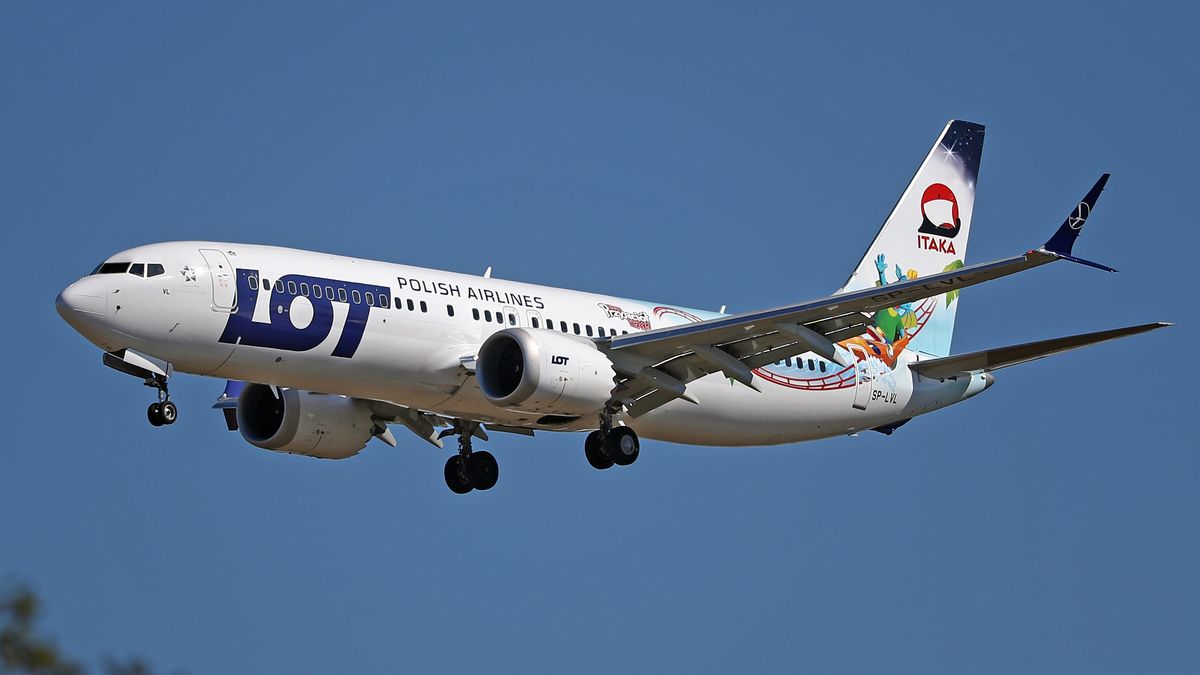 The Polish company LOT has decorated the first Boeing 737 MAX purchased from Blue Air with a special livery. The livery refers to the Polish amusement park Energylandia. In the photo, the LOT aircraft landing at the Barcelona airport,, in Barcelona, on 01st April 2023. (Photo by Urbanandsport/NurPhoto via Getty Images)