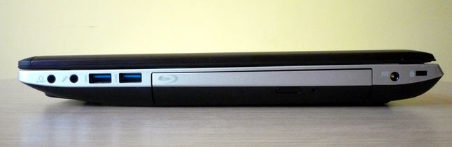Asus N56VM - ścianka prawa (audio/S/PDIF, audio, 2 x USB 3.0, Blu-ray ROM, zasilanie, Kensington Lock)