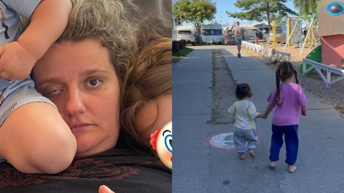 Zofia Zborowska z mężem i córkami na campingu. Śpią w przyczepie