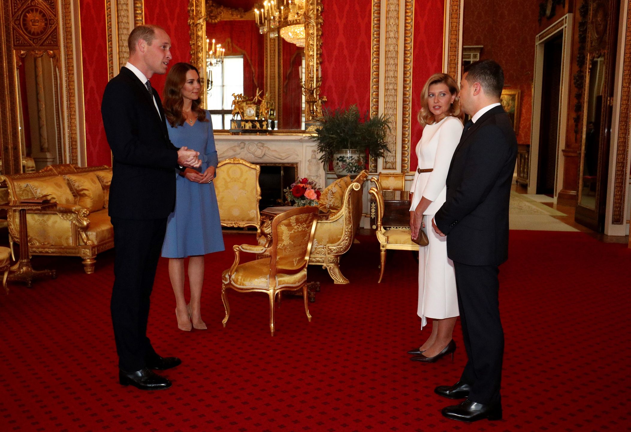 Ukrainian President Volodymyr Zelensky And His Wife Pay Official Visit To UKLONDON, UNITED KINGDOM - OCTOBER 7: Prince William, Duke of Cambridge and Catherine, Duchess of Cambridge meet Ukraine's President Volodymyr Zelensky and his wife Olena during an audience at Buckingham Palace on October 7, 2020 in London, England. The President is on a two-day official visit to the UK.  (Photo by Jonathan Brady/WPA Pool/Getty Images)WPA Poolwparota, idsok, william, kate