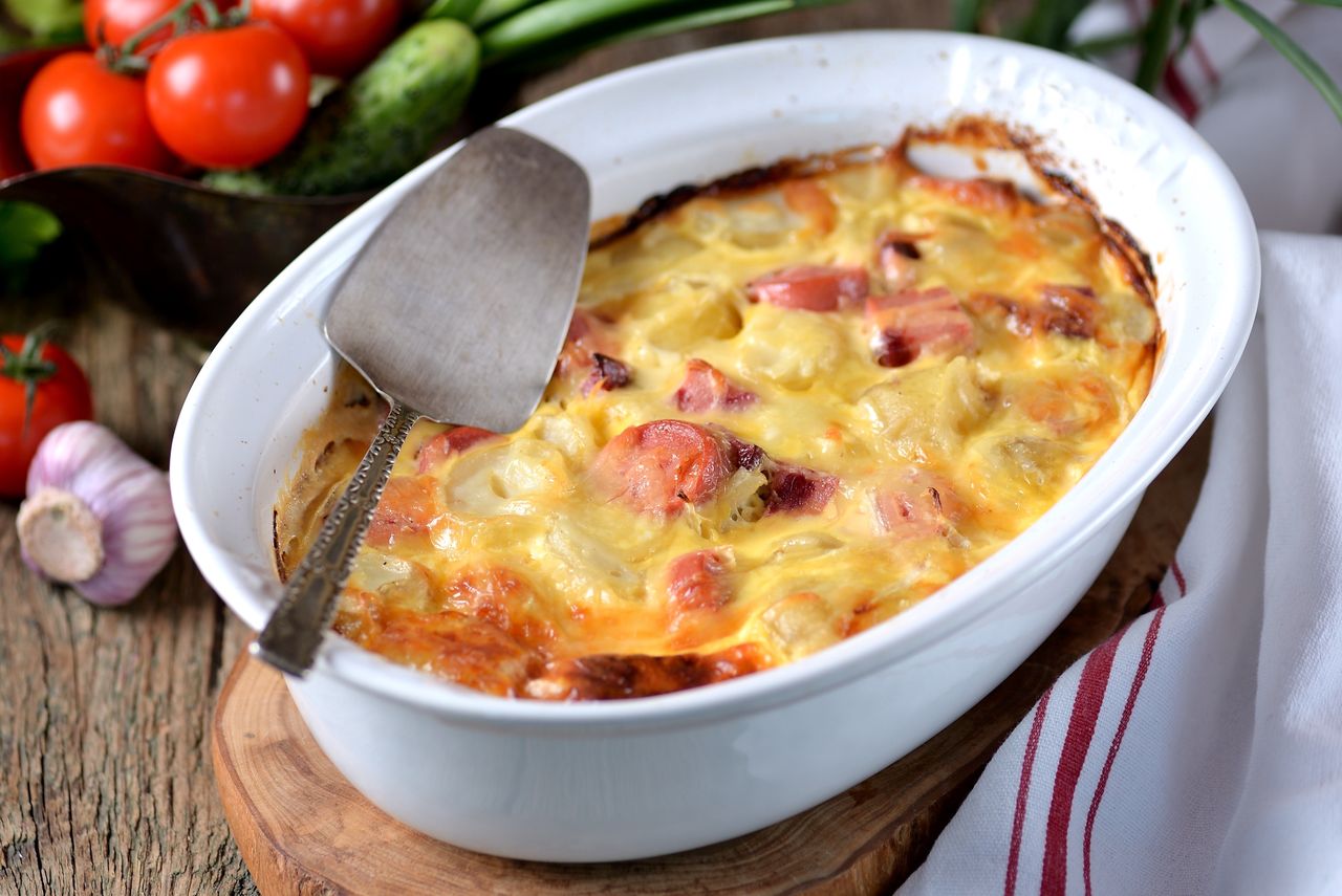 Baked casserole with hot dogs for lunch