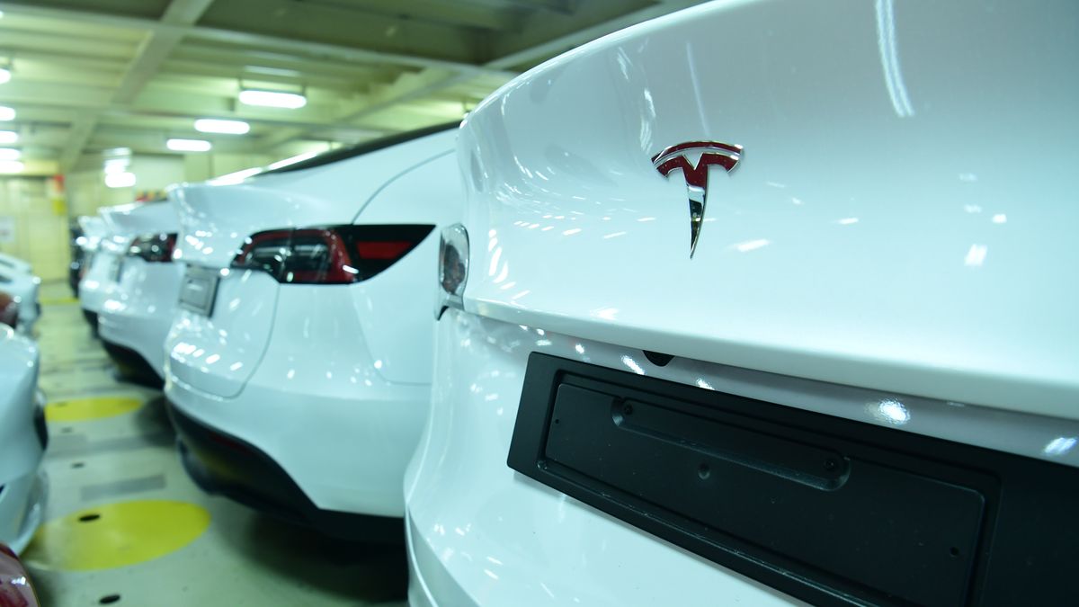 SUZHOU, CHINA - JANUARY 21: Tesla vehicles wait to be unloaded at a cargo hold at Taicang Port on the Chinese New Year's Eve on January 21, 2023 in Taicang, Suzhou Province of China. (Photo by VCG/VCG via Getty Images)