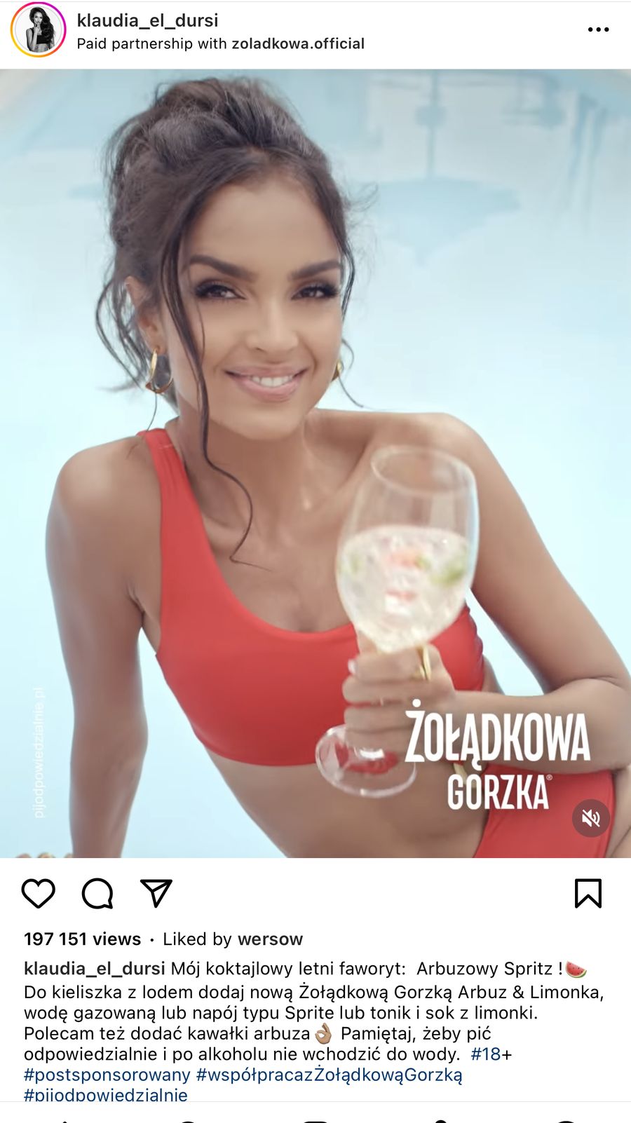 Klaudia El Dursi reklamuje WÓDKĘ na Instagramie