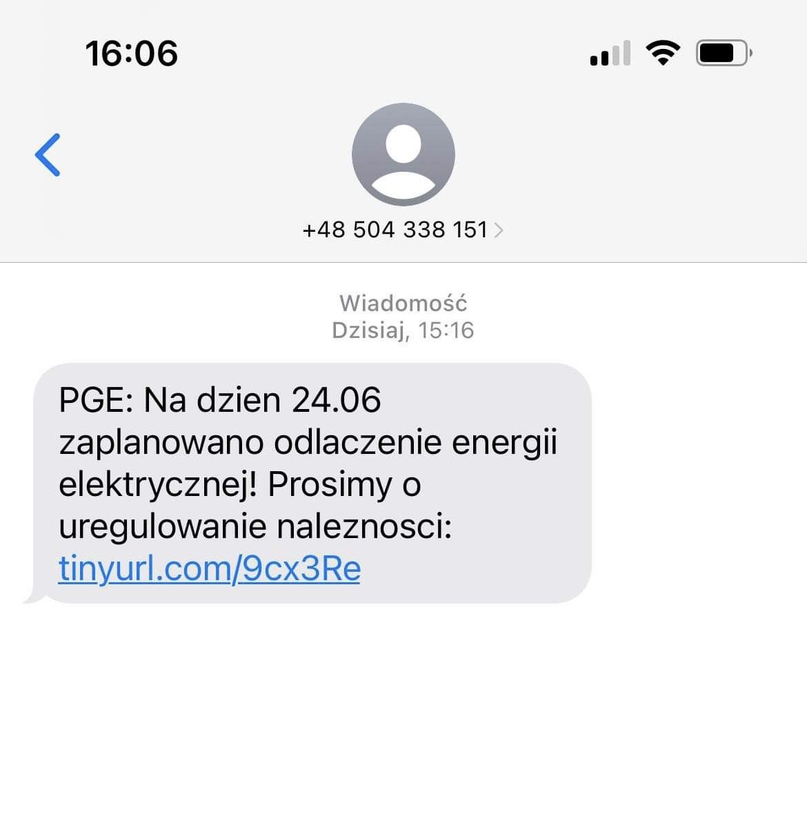 Spreparowana przez oszustów wiadomość "od PGE"