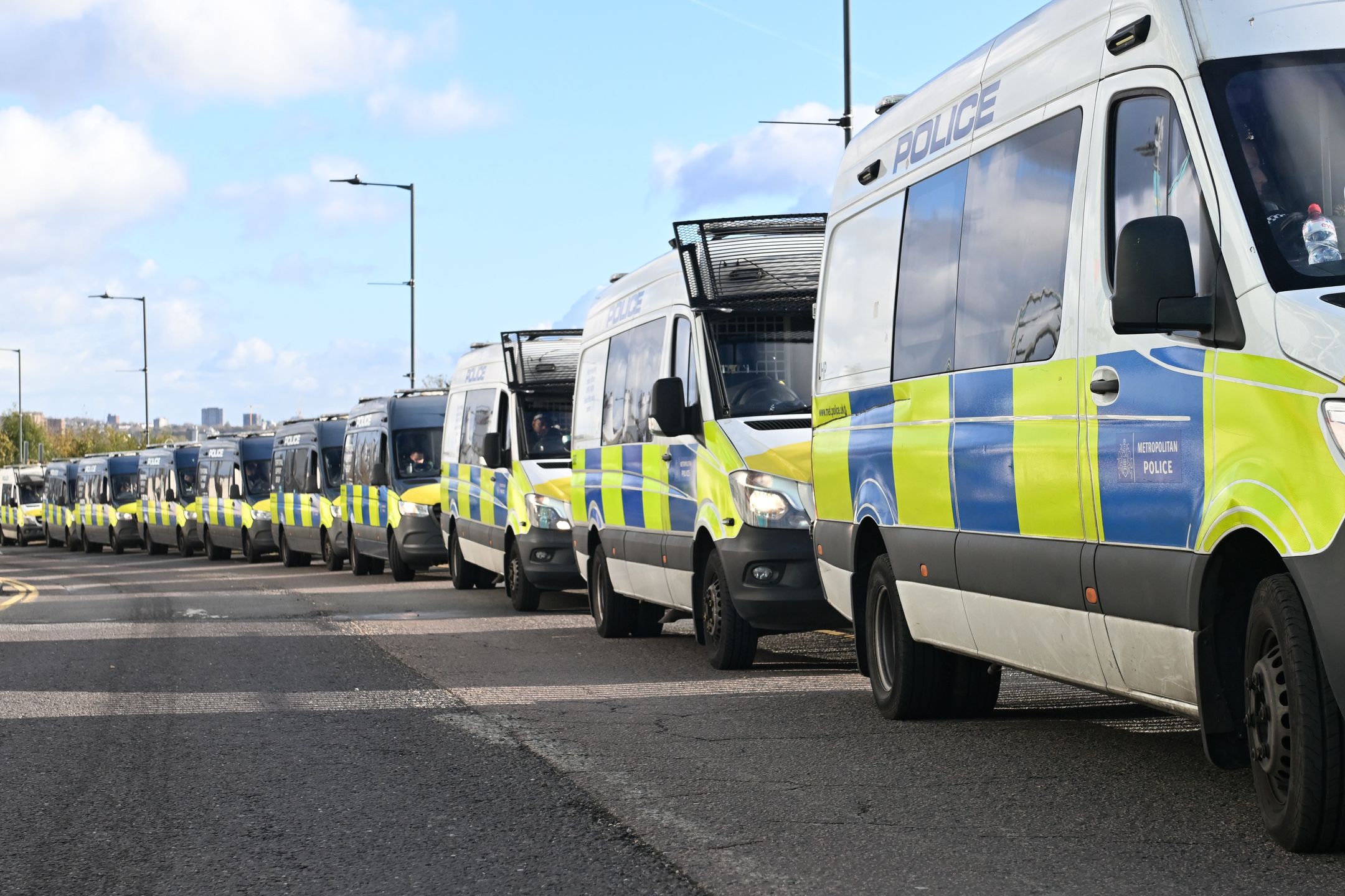 A row of police vehicles is outside Wembley prior to the UEFA Nations League 2024/5, League B, Group B2 match between England and the Republic of Ireland at Wembley Stadium in London, England, on November 17, 2024. (Photo by MI News/NurPhoto via Getty Images)