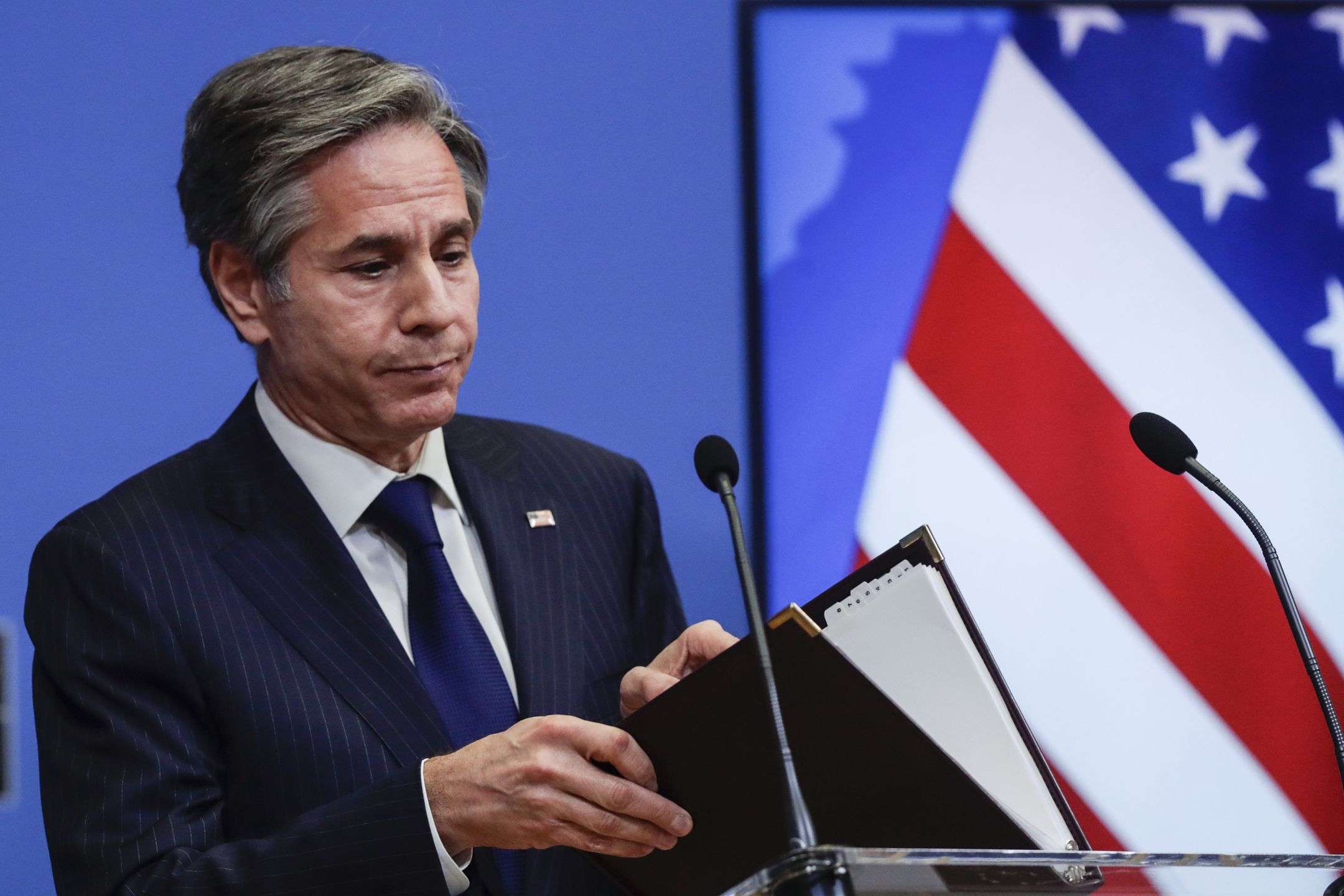 BRUSSELS, BELGIUM - MARCH 24: US Secretary of State Antony Blinken gives a press briefing at the end of a NATO Foreign Ministers' meeting at the Alliance's headquarters in Brussels, Belgium, 24 March 2021. The foreign ministers met in person for the first time in more than a year. They prepared for an upcoming summit by discussing a set of proposals to reform the military alliance. (Photo by Olivier Hoslet / Pool/Anadolu Agency via Getty Images)