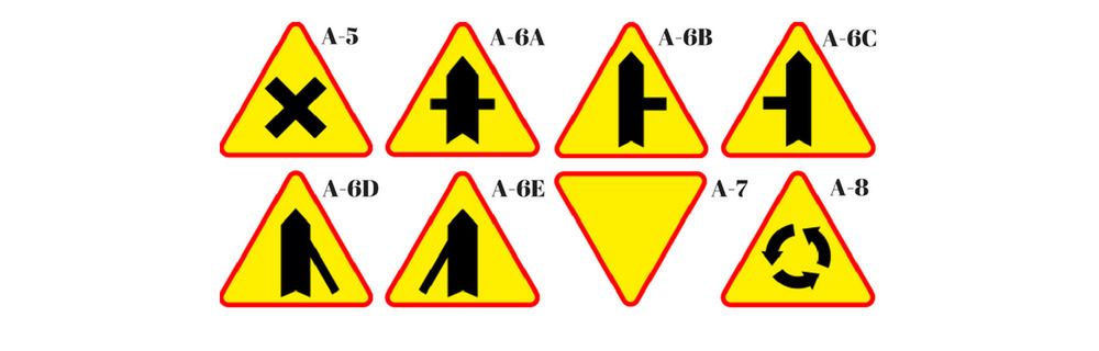 Skrzyżowanie dróg (A-5); Skrzyżowanie z drogą podporządkowaną występującą po obu stronach (A-6A); Skrzyżowanie z drogą podporządkowaną występującą po prawej stronie (A-6B); Skrzyżowanie z drogą podporządkowaną występującą po lewej stronie (A-6C); Wlot drogi jednokierunkowej z prawej strony (A-6D); Wlot drogi jednokierunkowej z lewej strony (A-6E); Ustąp pierwszeństwa (A-7); Skrzyżowanie o ruchu okrężnym (A-8).