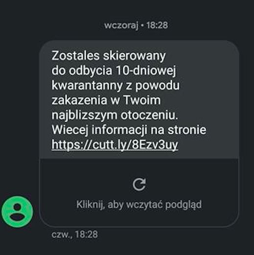 Mazowieckie. Jeśli zobaczysz taka wiadomość tekstowa na ekranie swojego telefonu, nie klikaj w link. To oszuści próbuję zmusić do zainstalowania aplikacji ze złośliwym oprogramowaniem