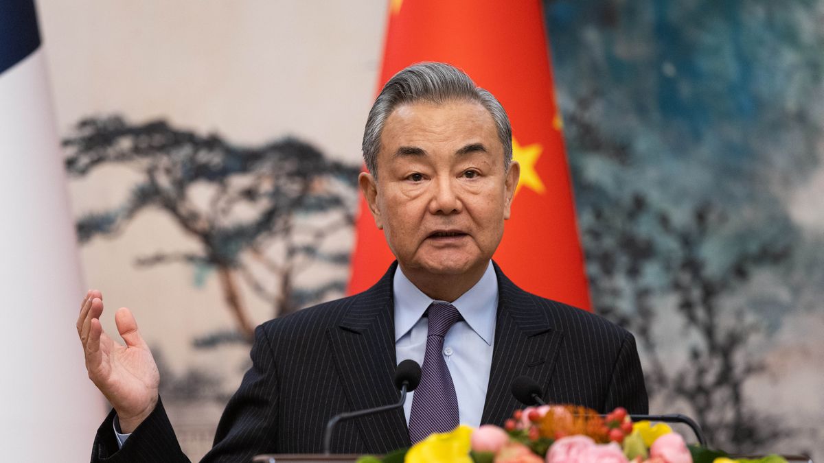 BEIJING, CHINA - MARCH 27:  Chinese Foreign Minister Wang Yi speaks during a press conference with French Foreign Minister Jean-Noel Barrot at Diaoyutai State Guest House on March 27, 2025 in Beijing, China. (Photo by Jessica Lee - Pool/Getty Images)