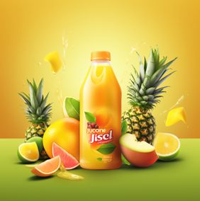 Projekt wstępny reklamy wygenerowany w MidJourney i Dall-E. Prompt: advertising design, tropical juice