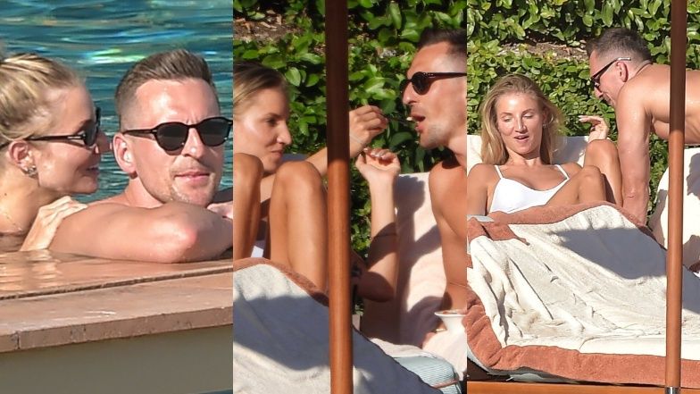 Agatycze karmi Arkadiusza Milika nad basenem w Portofino