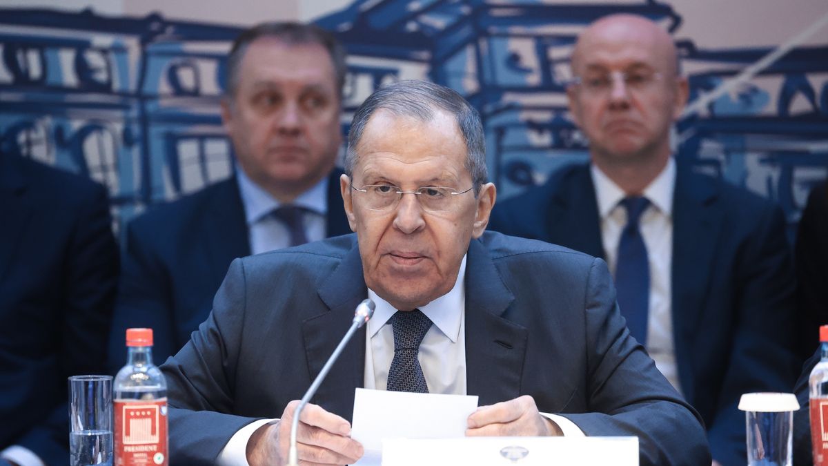 MOSCOW, RUSSIA - FEBRUARY 5: (----EDITORIAL USE ONLY - MANDATORY CREDIT - 'RUSSIAN FOREIGN MINISTRY / HANDOUT' - NO MARKETING NO ADVERTISING CAMPAIGNS - DISTRIBUTED AS A SERVICE TO CLIENTS----) Russian Foreign Minister Sergei Lavrov speaks during the roundtable meeting on Ukraine with ambassadors in Moscow, Russia on February 05, 2025. Russia on Wednesday slammed US President Donald Trump's plan to take over the Gaza Strip as a manifestation of the Western "cancel culture." Speaking at a roundtable meeting on Ukraine with ambassadors in Moscow, Lavrov argued that this "culture of cancellation" has now become particularly evident in relation to the situation in the Middle East. (Photo by Russian Foreign Ministry / Handout/Anadolu via Getty Images)