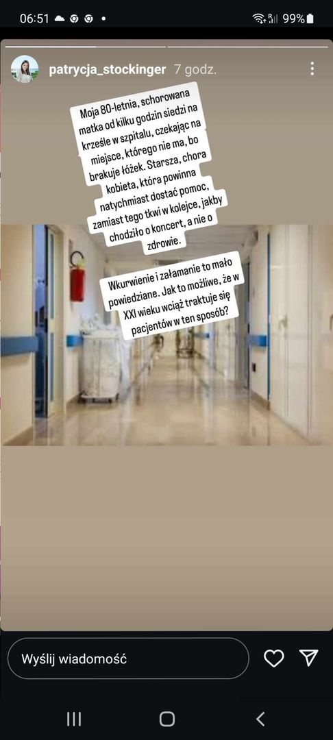 Żona Stockingera opisała, co spotkało jej matkę w szpitalu