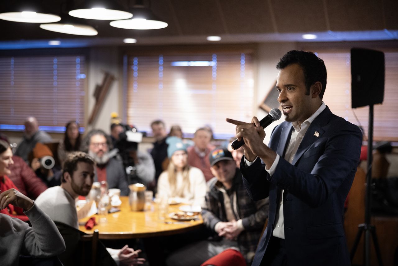 URBANDALE - JANUARY 15: Republican Presidential hopeful Vivek Ramaswamy speaks during a campaign event in Urbandale, Iowa, on Caucus Day, Monday, January 15, 2024. (Photo by Tom Brenner for The Washington Post via Getty Images)