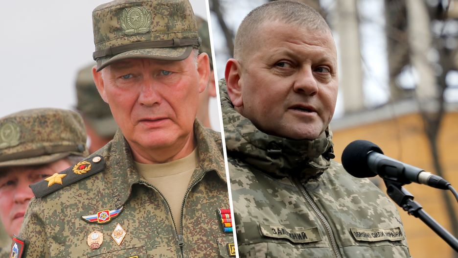 Generał rosyjskiej armii Aleksandr Dwornikow (po lewej) i dowódca wojsk ukraińskich  Walerij Załużnyj