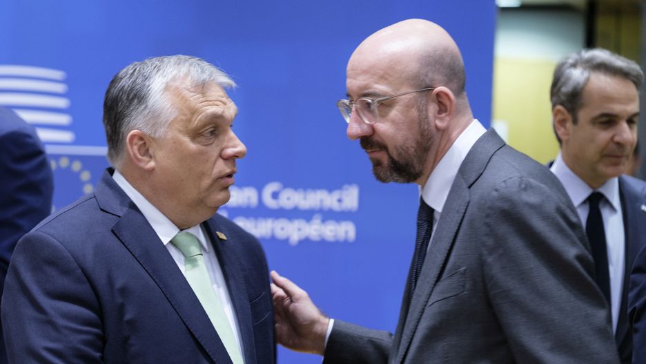 BRUSSELS, BELGIUM - MARCH 23: Hungarian Prime Minister Viktor Mihaly Orban (L) is talking with the President of the European Council Charles Michel (C) and the Greece Prime Minister Kyriakos Mitsotakis (R) prior the start of a two days EU Summit in the Europa, the EU Council headquarter on March 23, 2023 in Brussels, Belgium. EU leaders will discuss the latest developments in relation to Russias war of aggression against Ukraine and continued EU support for Ukraine. They will also debate on competitiveness, single market and the economy, energy, external relations and other topics, including migration. (Photo by Thierry Monasse/Getty Images)
