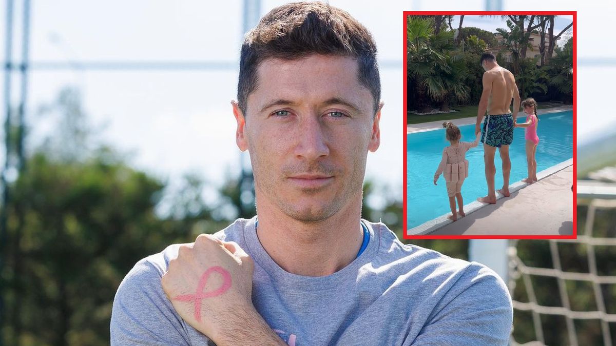 Na zdjęciu dużym Robert Lewandowski, na małej fotografii w towarzystwie córek