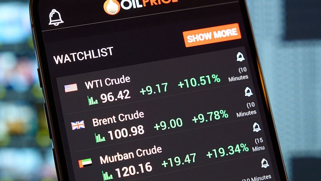 Oil Prices Surge (illustrations)
Oil prices are seen displayed on a mobile device in this illustration photo taken in Warsaw, Poland on 12 March, 2026. Oil prices climbed back above $100 a barrel and stock markets fell after 3 more vessels were hit in the Gulf. Iran's new supreme leader vowed to keep blocking the key Strait of Hormuz shipping route. Brent crude rose by more than 9% on Thursday to $101.59 before easing slightly to $99.44. (Photo by Jaap Arriens/NurPhoto via Getty Images)
NurPhoto
vessels hit, poland election, elections, market, fuel rationing, iran conflict, stock markets, middle east tension, illustration photo, oil prices, economic recovery, poland elections, interest rates, petrol station queues, us-israel war, oil supply chain, jet fuel, oil price surge, energy volatility, global economy, government work-from-home, shipping disruption, gulf, mobile device, inflation risk, oil market disruption, energy conservation, oil production cut, brent crude, $100 a barrel, march 2026, oil reserves release, cargo vessel attacks, stocks, oil price chart, fuel shortage, stock market decline, oil barrel