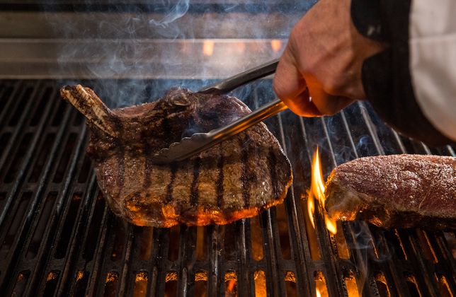 Chef/Owner Michael Buhagiar grills two steaks at Harris’ Restaurant in San Francisco, Calif., on Wednesday, February 3, 2021. (Photo By Carlos Avila Gonzalez/The San Francisco Chronicle via Getty Images)