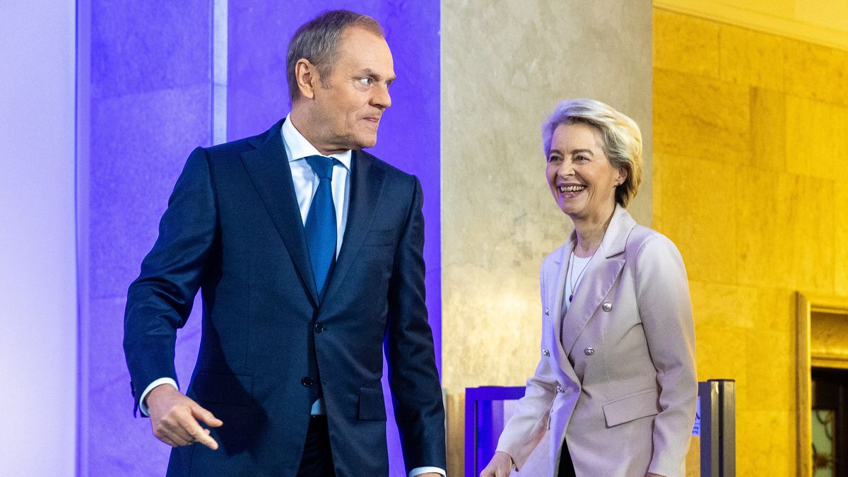 Poland's Prime Minister, Donald Tusk, is welcoming EU Commission President, Ursula von der Leyen, and Belgium's Prime Minister, Alexander De Croo, at the Prime Minister's Office in Warsaw, Poland, on February 23, 2024. (Photo by Andrzej Iwanczuk/NurPhoto via Getty Images)