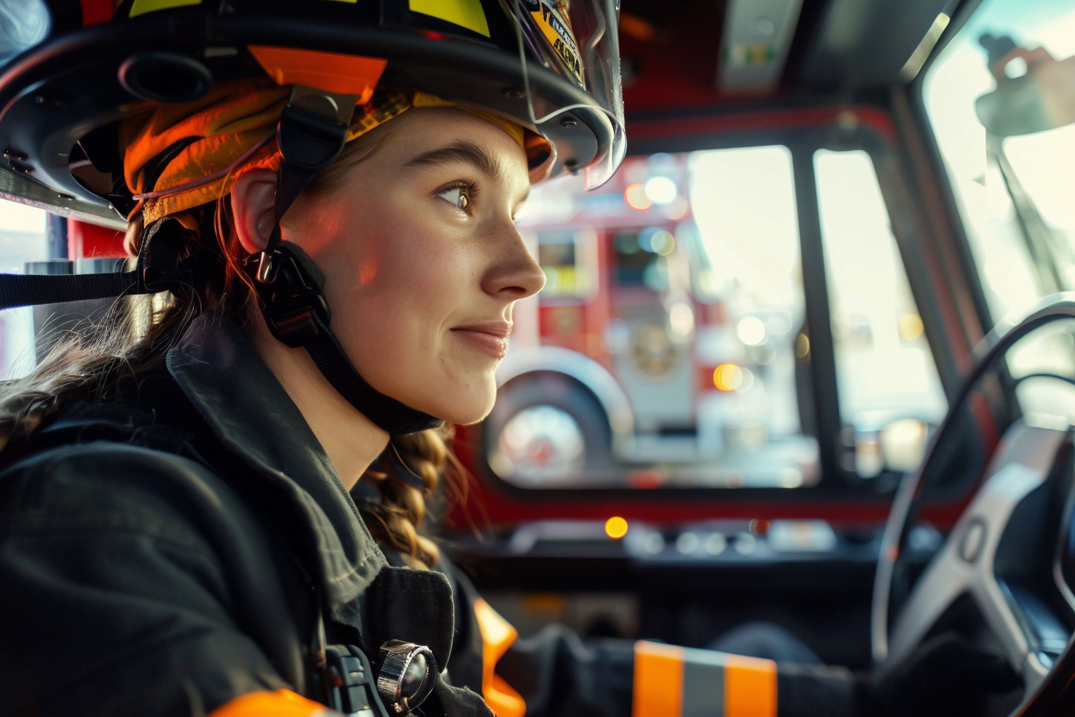 female, firefighter, fire truck, fire engine, firefighting gear, side view, female occupation, passionate, enjoyment, uniform, women in fightfighting, interior, first responder, hero, horizontal illustration, generative ai, copy space, safety, emergency, services, professional, career, women at work, fire station, job, fire service, strength, seat, bravery, female empowerment, cabin, public service, men at work, blonde hair, smiling, caucasian, one person, woman, transport, worker, vehicle, transportation, department, skilled, training, requirements, helmet, safety gear, parked
