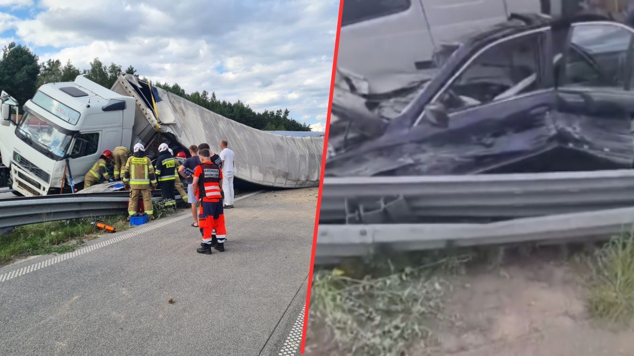 Wypadek na A1 koło Kamieńska. Wywrócona ciężarówka blokuje drogę