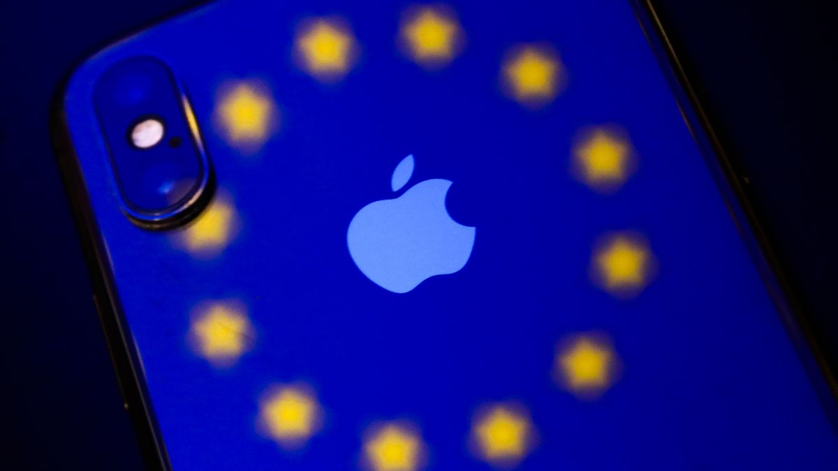 European Union flag reflected on Apple iPhone is seen in this illustration photo taken in Krakow, Poland on September 25, 2021. (Photo by Jakub Porzycki/NurPhoto via Getty Images)
